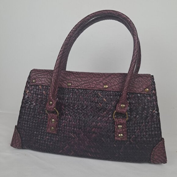 Vintage Straw and Faux Leather Purple Tan Bag - Picture 3 of 16